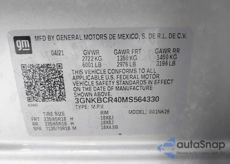 2021 Chevrolet Blazer Fwd 2Lt z USA, uszkodzony, nr VIN 3GNKBCR40MS564330